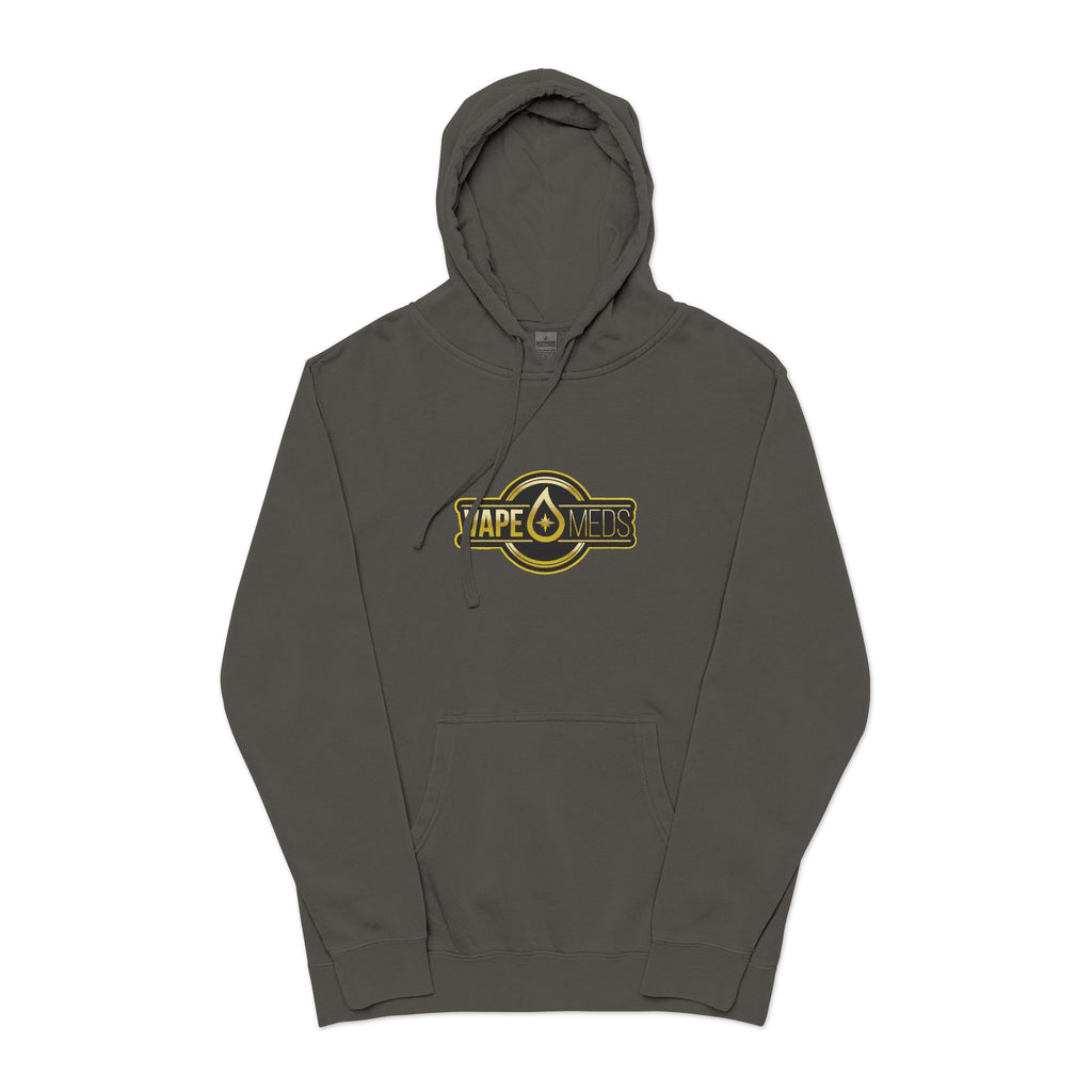 Vintage Badge Hoodie — "Tape Drops" Graphic Pigment-Dyed Sweatshirt
